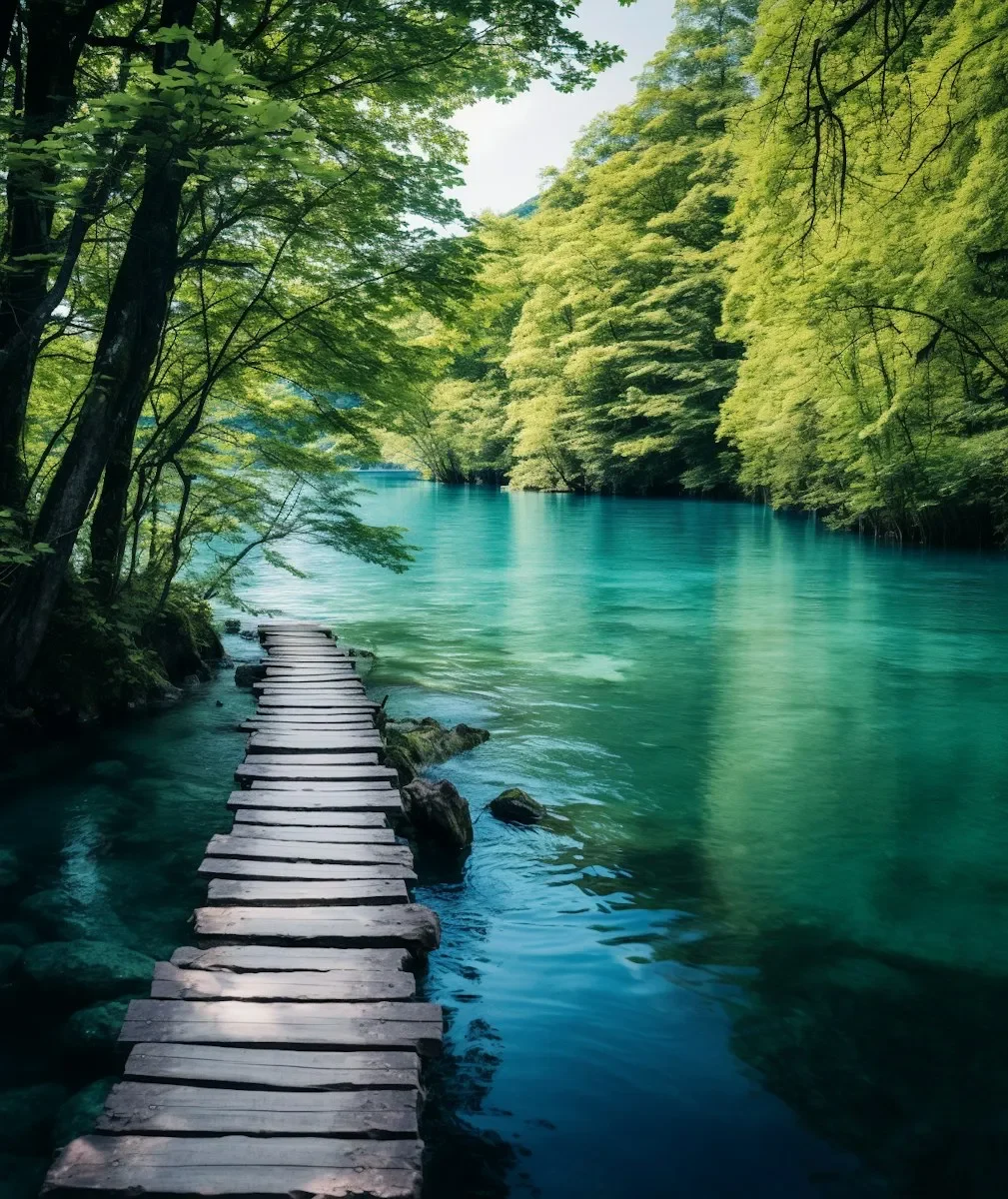 Wooden footpath over clear turquoise water, surrounded by lush green forest, creating a peaceful and serene atmosphere.
